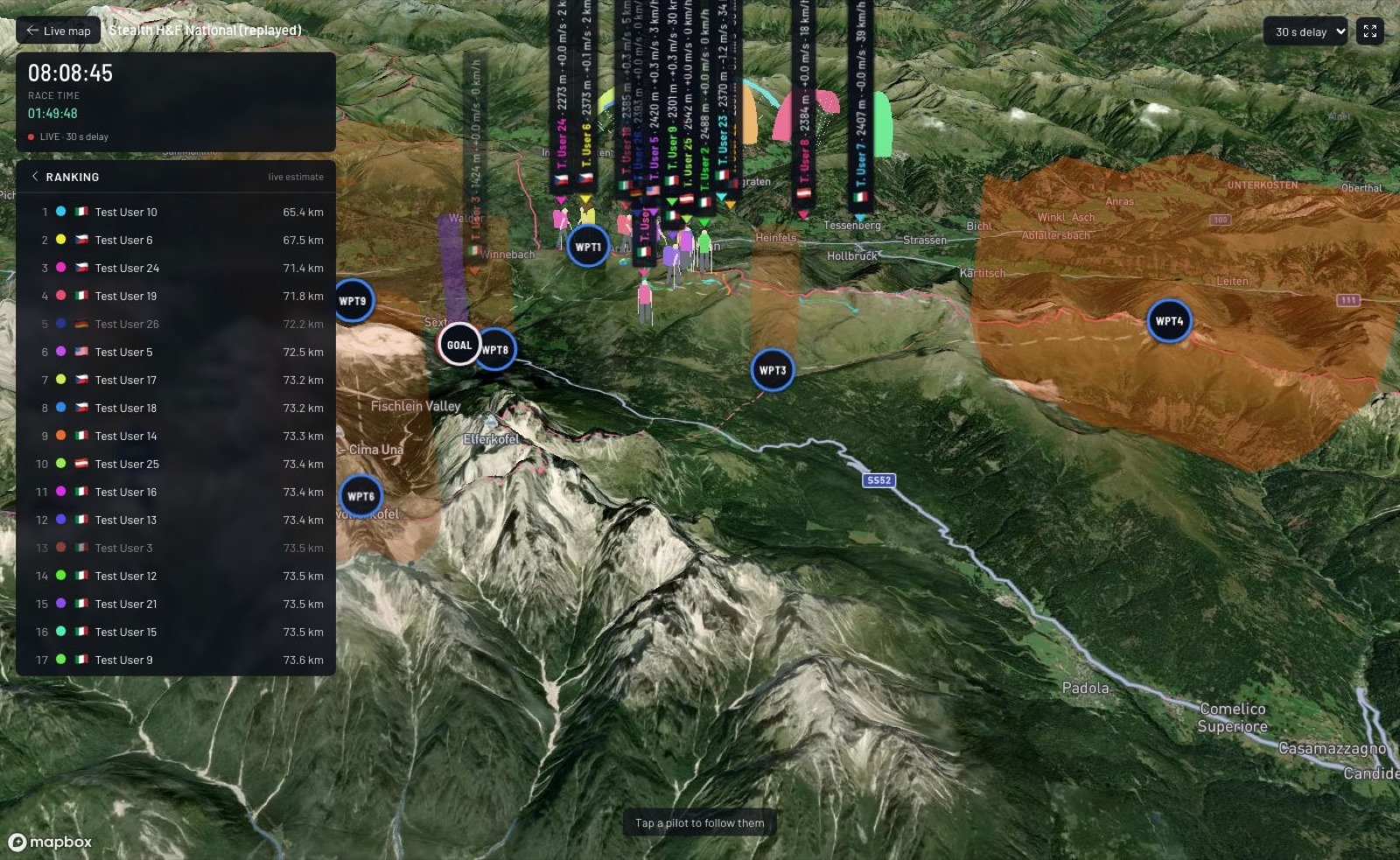 A hike & fly race in the 3D race view: walkers become paragliders at launch.
